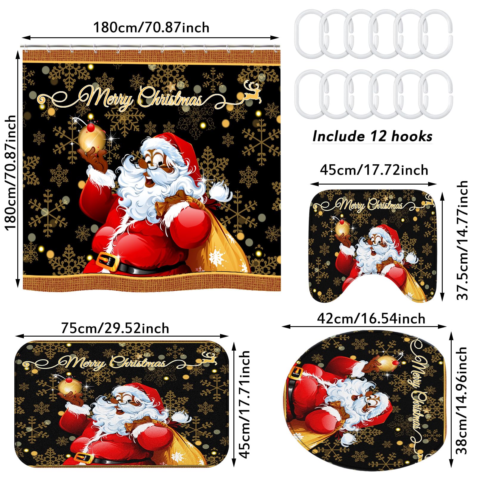 Peryiter Juego de cortinas de ducha de Papá Noel negro con alfombras antideslizantes, cubierta de tapa de inodoro, alfombrilla de baño y 12 ganchos, decoración de baño de Navidad, impermeable, cortina