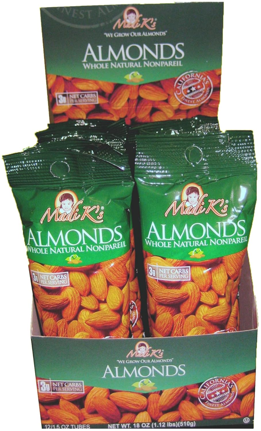 Madi K's Whole Natural Almonds, 1.5-Ounce Tubes (Pack of 72)