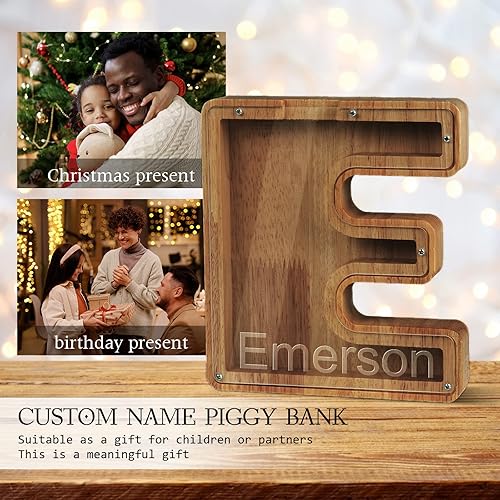 Miniatura 5 de Alcancía con nombre personalizado, 26 letras láser con texto personalizado, banco de monedas de madera, significado educativo, alcancía con nombre