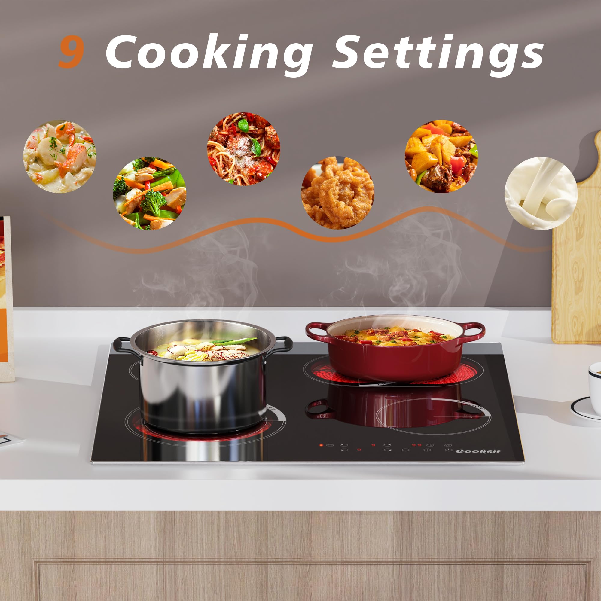 Electric Hob 60cm, Ceramic Hob 4 Ring 6700W, Electric Hob 4 Zone with Expandable Dual and Oval Zone, Built-in Hob with Frame, Timer, Safety Lock, 220-240V(No Plug) — view 3