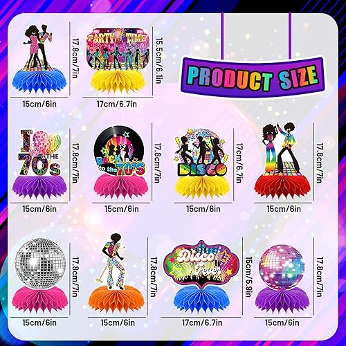 Miniatura 2 de 10 piezas de decoraciones de fiesta de discoteca de los años 70, centros de mesa de nido de abeja de los años 70 para temática retro, suministros de