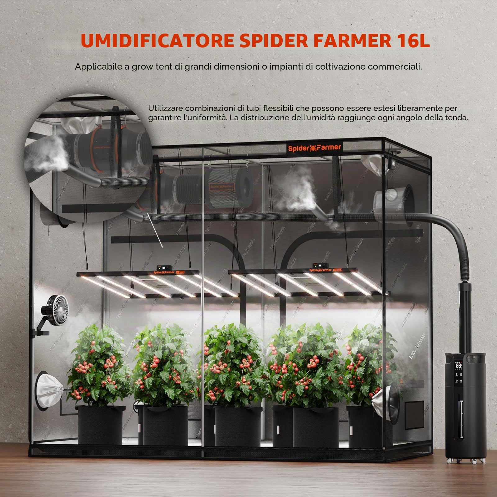 Spider Farmer Umidificatore da 16 l con timer e 4 tubi estesi, 4 livelli di nebbia, umidificatore commerciale per piante e tenda da 120 x 240 x 200 cm