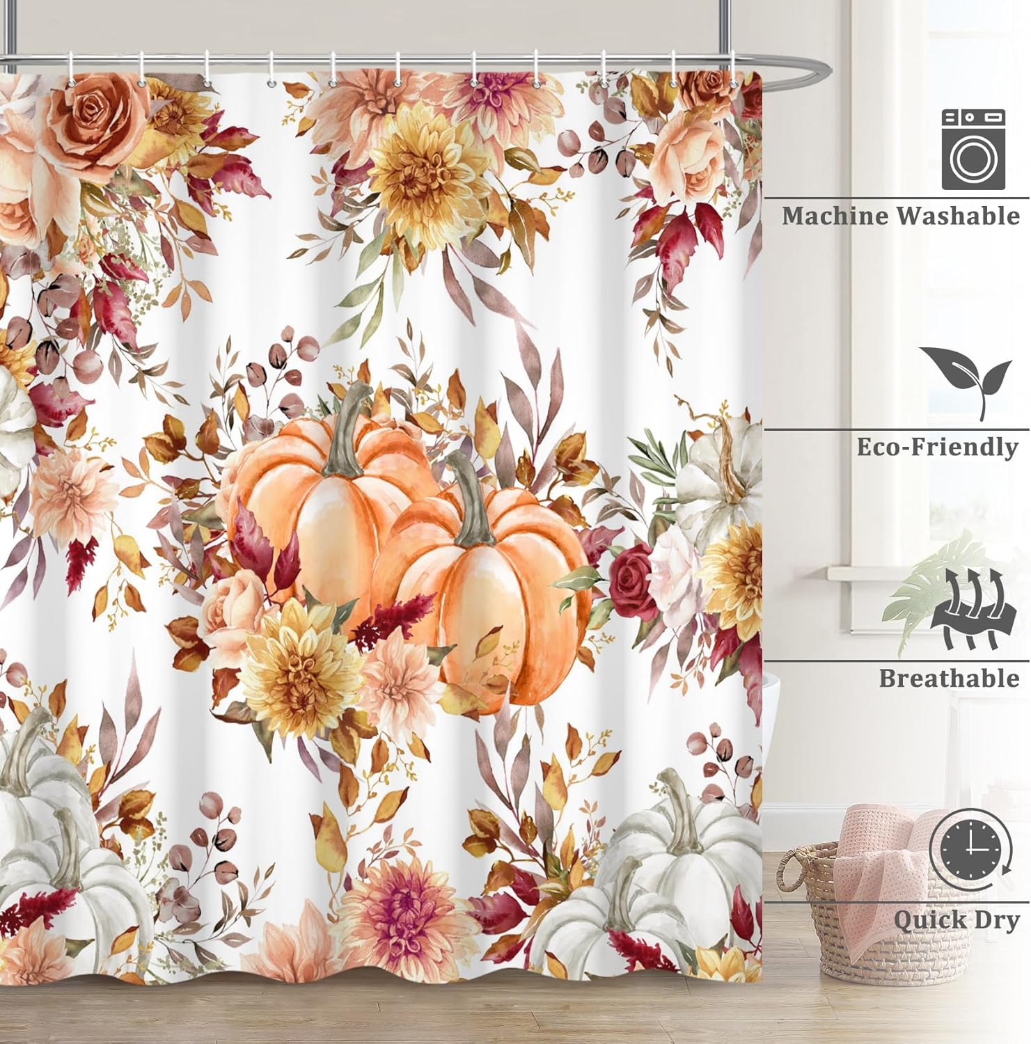 Renaiss 72 x 78 Inch Fall Boho Pumpkins Shower Curtain for Bathroom Watercolor Floral Leaves Rustic Fall Thanksgiving Harvest Farmhouse Fabric Shower Curtain Set Bathtubs Curtain with Plastic Hooks