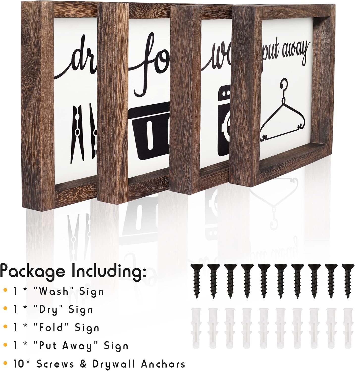 LIBWYS Laundry Sign Set of 4 Wash Dry Fold Put Away Decorative Rustic Handmade Wood Farmhouse Laundry Room Wall Decor (White)