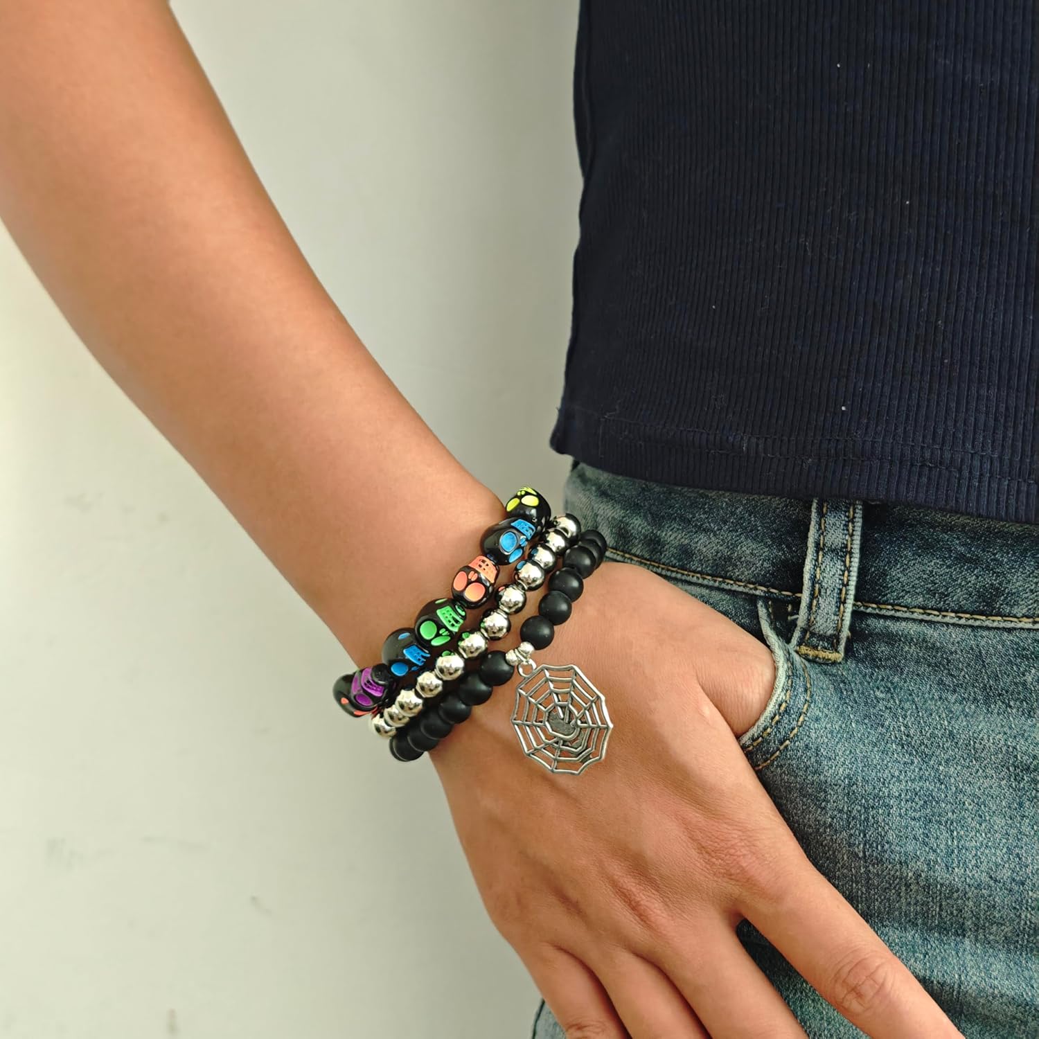 Halloween Skeleton Elastic Bracelets for Women, 3pcs Spooky Acrylic Skull Pumpkin Bead Bracelet Set,Halloween Party Costume Jewelry - Image 3