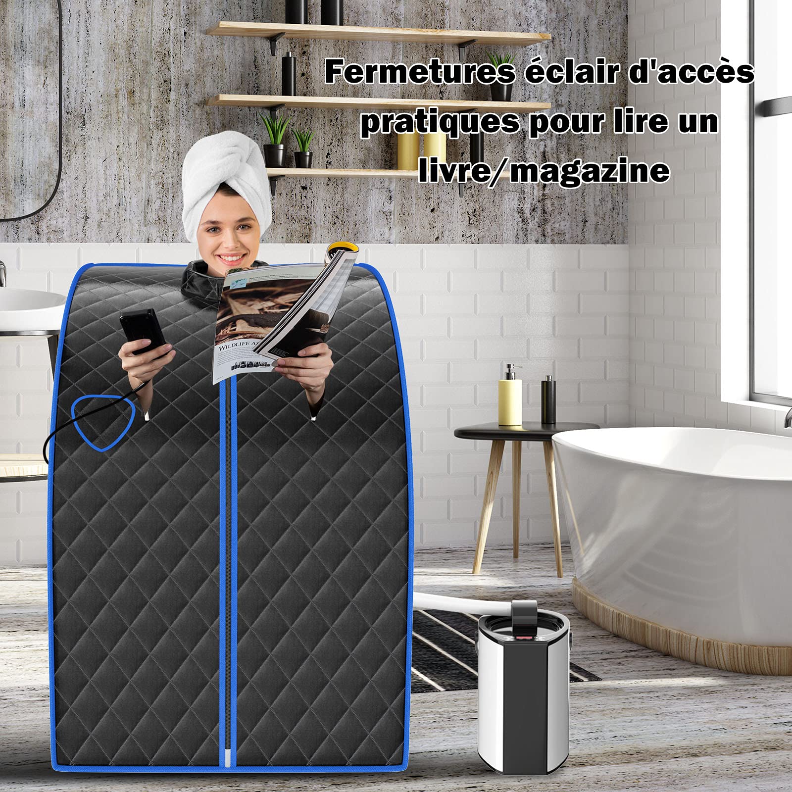 COSTWAY Sauna Cabine Pliable 1000W, 3L Sauna à Vapeur Portable avec Télécommande 9 Options de Minuterie Fonction de Vaporisation, Appareil à Vapeur Couvercle en Verre Trempé Anti-Explosion (Noir)