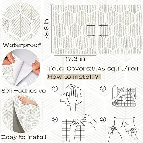 Miniatura 3 de Papel tapiz moderno autoadhesivo de 17.3 x 78.8 pulgadas, papel de contacto bohemio, papel tapiz geométrico beige y blanco, papel tapiz decorativo