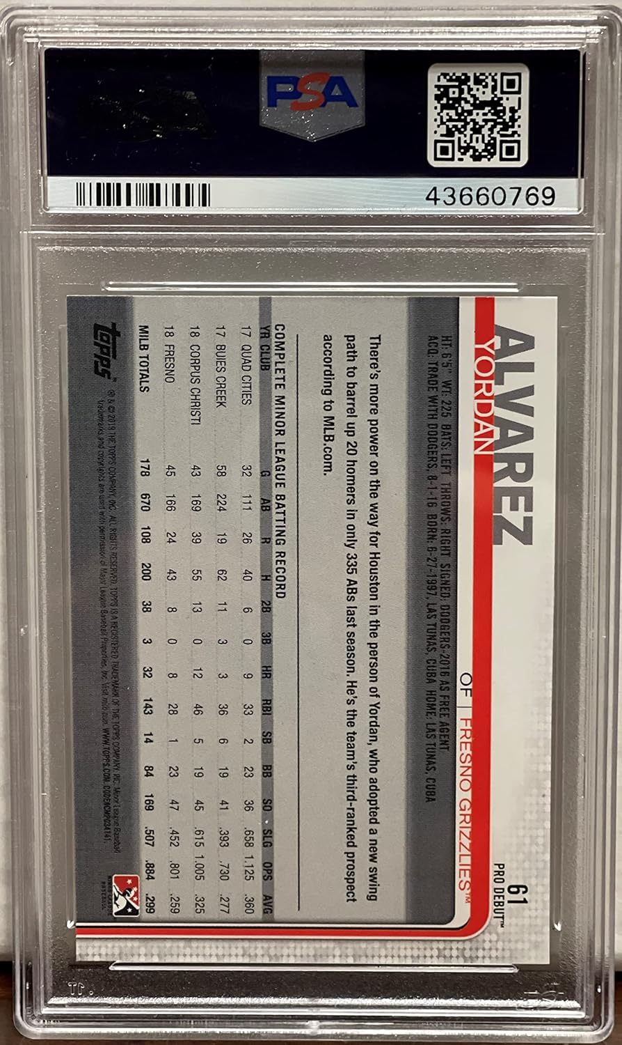 Yordan Alvarez Gem Mint 10 Graded Pro Debut Collectible Baseball Card - 2019 Topps Pro Debut Baseball Card #61 (Astros) Free Shipping