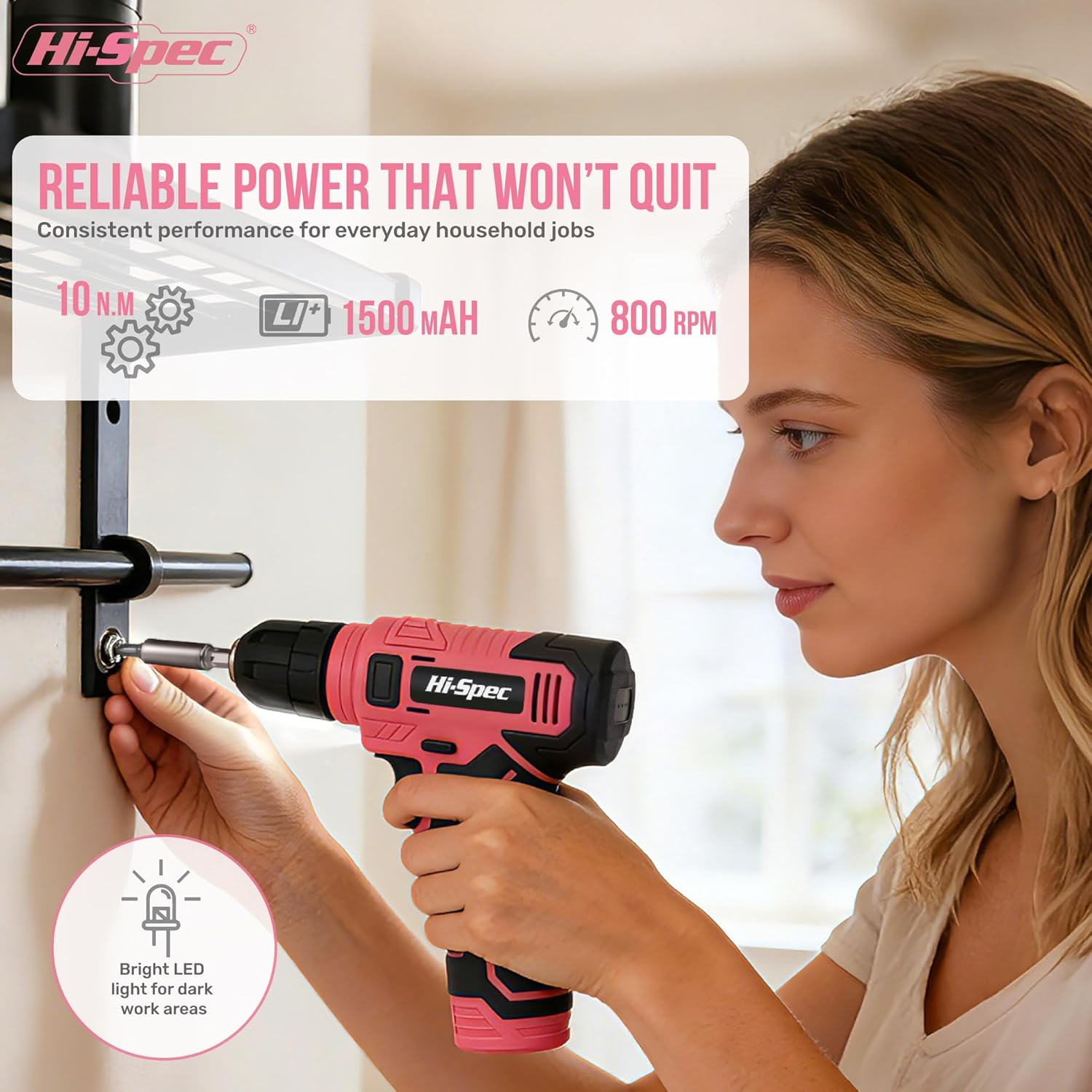 Hi-Spec 8V USB Pink Power Drill Driver & Screw Bit Set for Women. Ladies Cordless & Rechargeable Electric Drill Driver with Wall Hanging Kit