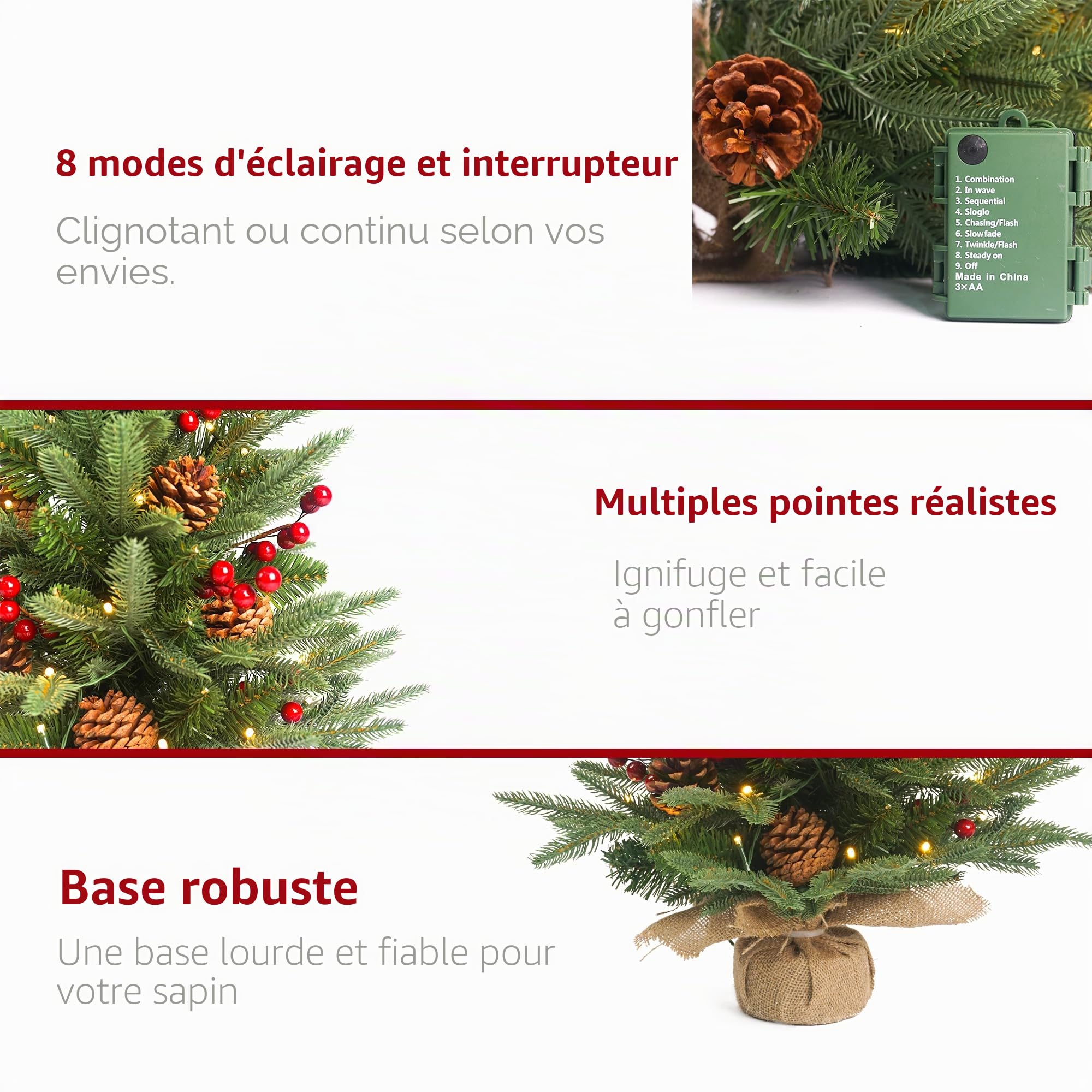 Mini Sapin de Noël Artificiel pré-éclairé de 0,6 m avec 50 lumières LED, 80 Pointes - Petit Sapin de Noël Artificiel avec minuterie - 61 cm - Décoration de Noël pour Chambre à Coucher, cheminée,