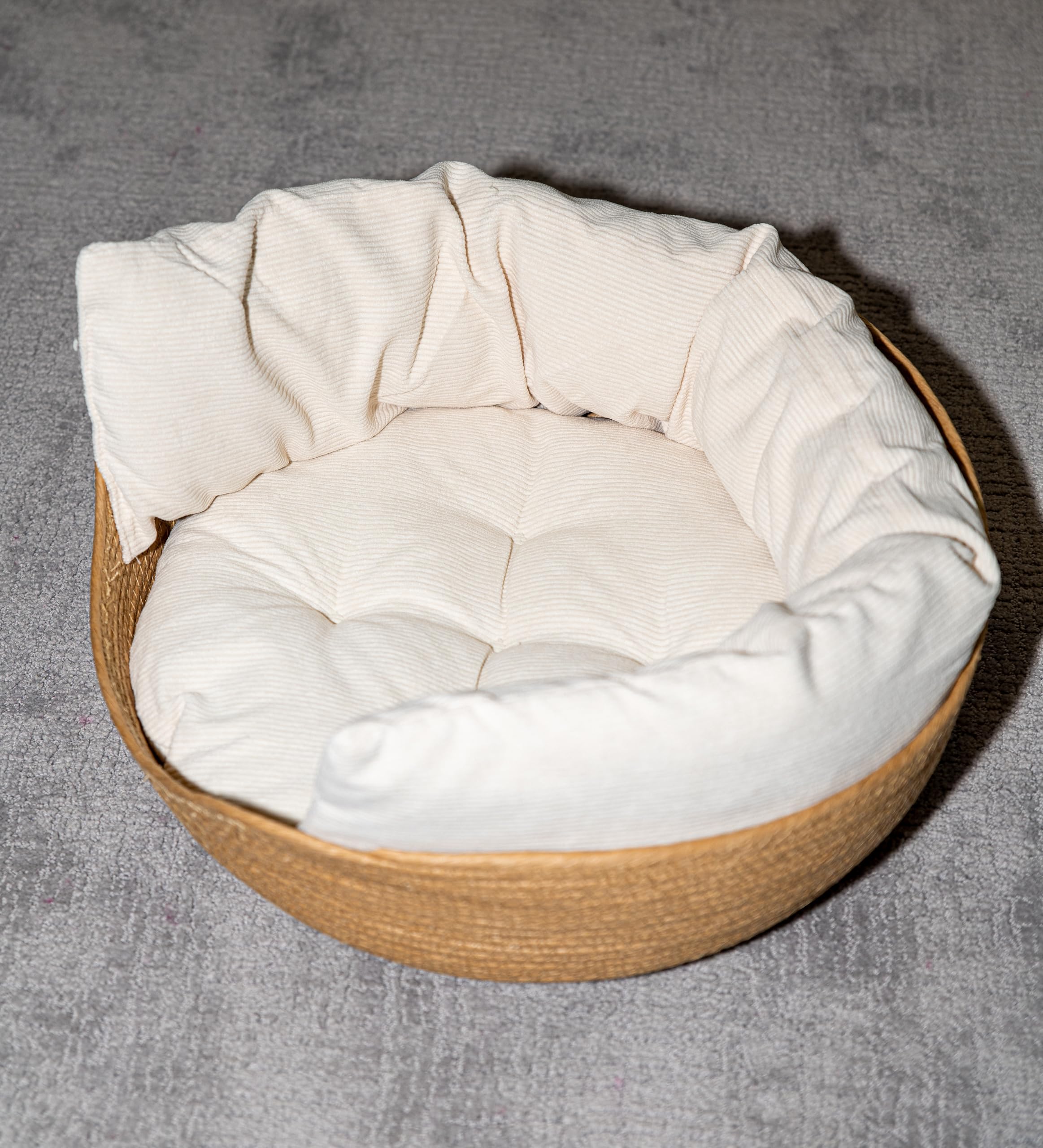 Natural Handcrafted Rattan Pet Bed for Cats – Corduroy Cushion with Cotton Filling