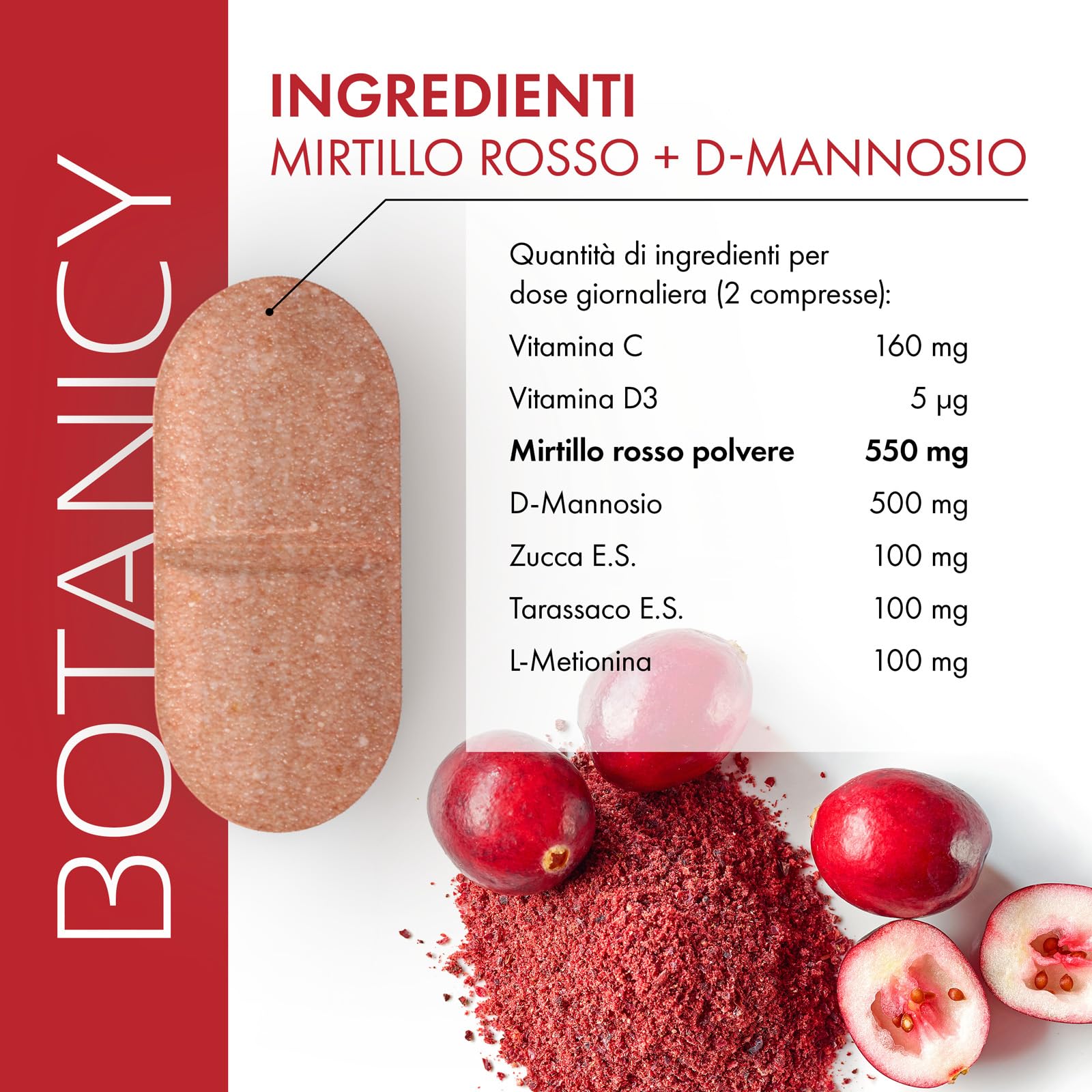 Botanicy MIRTILLO ROSSO + D-MANNOSIO - 60 compresse - supporta vescica & vie urinarie - pacran® polvere di mirtillo rosso, vitamina C e D3, estratto di semi di zucca & radice di tarassaco