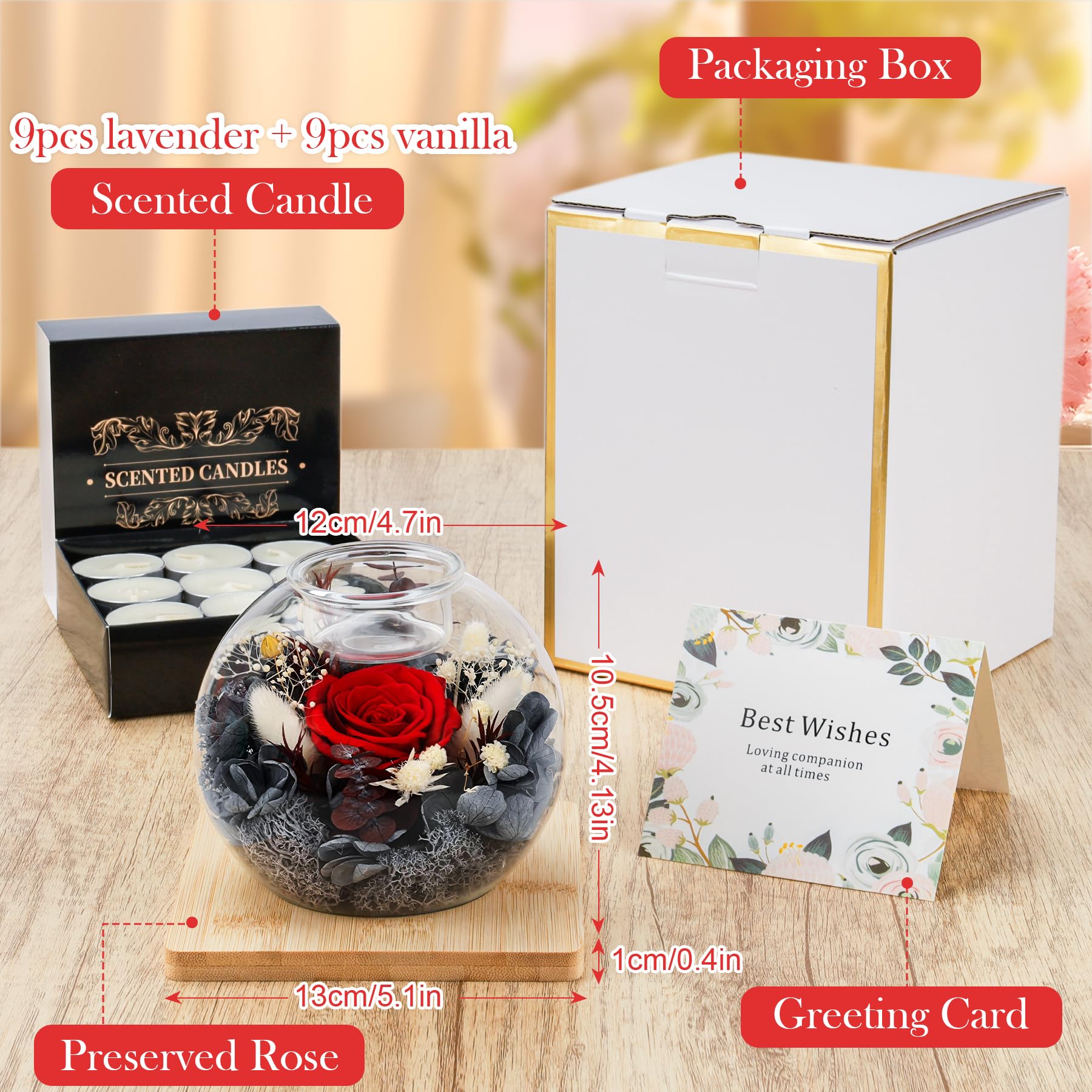 Rose Éternelle en Verre, Coffret Cadeau de Rose Préservée et Bougies Parfumées, Cadeau d'anniversaire Fête des Mères Saint-Valentin Noël pour Maman, Petite Amie, épouse, Femme (Rouge)