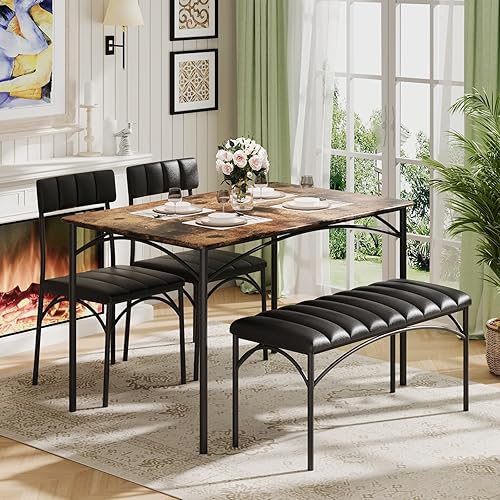 4 EVER WINNER 5 Piece Dining Table Set for 4-6, 43" Home Kitchen Table with 2 Chairs and Bench, PU Backrest & Cushion, Metal Frame and Leg Dining Table for Small Space, Apartment, Rustic Brown
