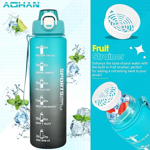 Miniatura 2 de AOHAN Botella de agua con pajilla, botella de agua motivacional con marcador de tiempo, botella de agua deportiva sin BPA, a prueba de fugas,