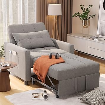 Aiho Convertible Sleeper Chair, 3-in-1 Sofa Bed with Adjustable Design, Pillow & Pocket - Pull Out Sleeper for Apartment, Light Gray