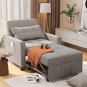 Aiho Convertible Sleeper Chair, 3-in-1 Sofa Bed with Adjustable Design, Pillow & Pocket - Pull Out Sleeper for Apartment, Light Gray