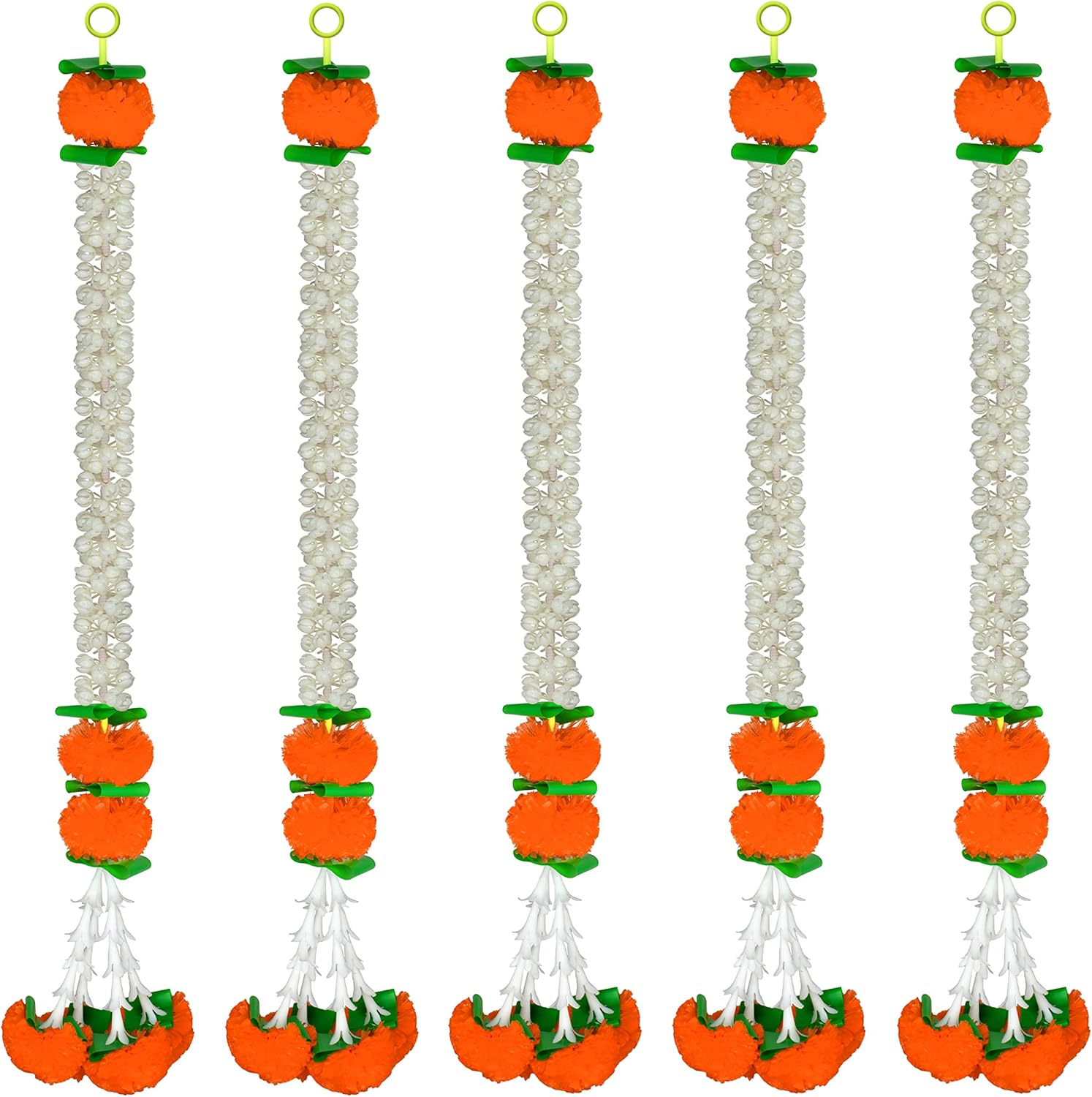 iHandikart Jasmine Artificial Garland with Marigold Flowers & Tuberose (Rajnigandha) Garland|House Warming Decoration Item|White Garland for Decoration| Color Orange Pack of 5 (33302-5)