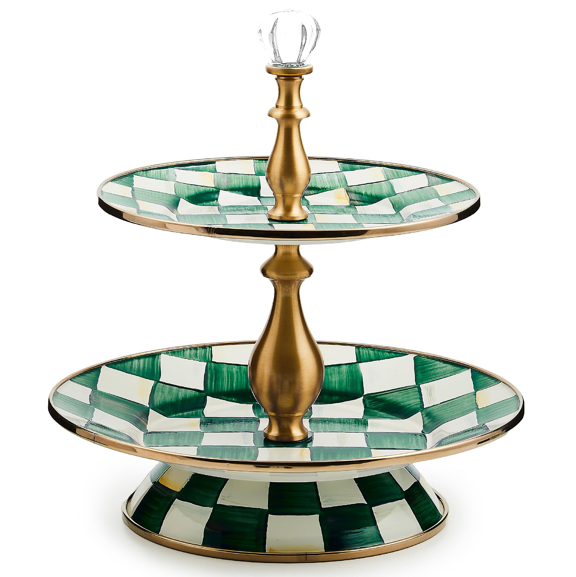 MACKENZIE-CHILDS Two-Tier Sweet Stand, Green-and-White Emerald Check
