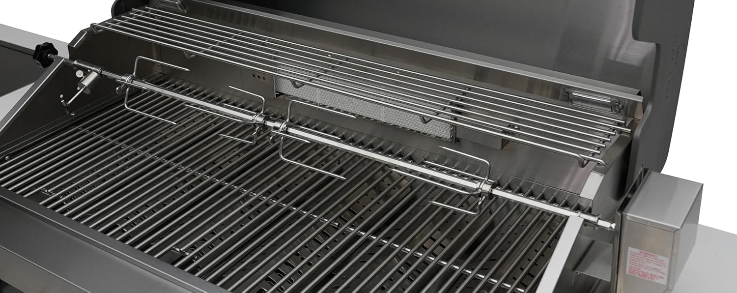 Close-up of the Mont Alpi rotisserie kit installed in the grill.