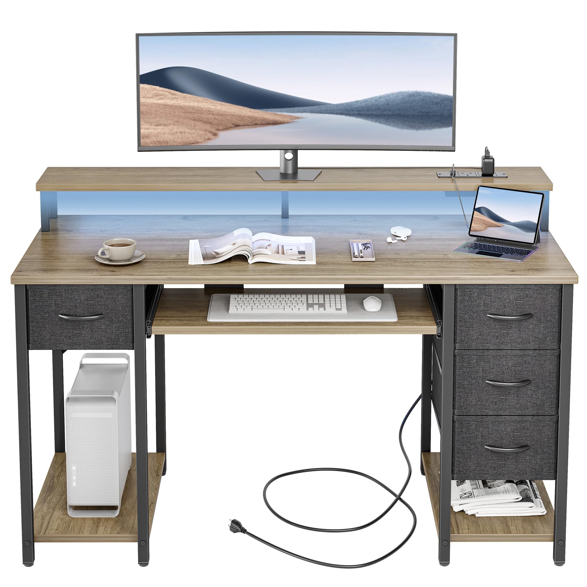 BEXEVUE Bureau de jeu avec prises LED - 120x50 cm Bureau moderne pour ordinateur avec plateau pour clavier, 4 tiroirs réversibles, grand étagère de rangement pour l'apprentissage, le jeu, le travail