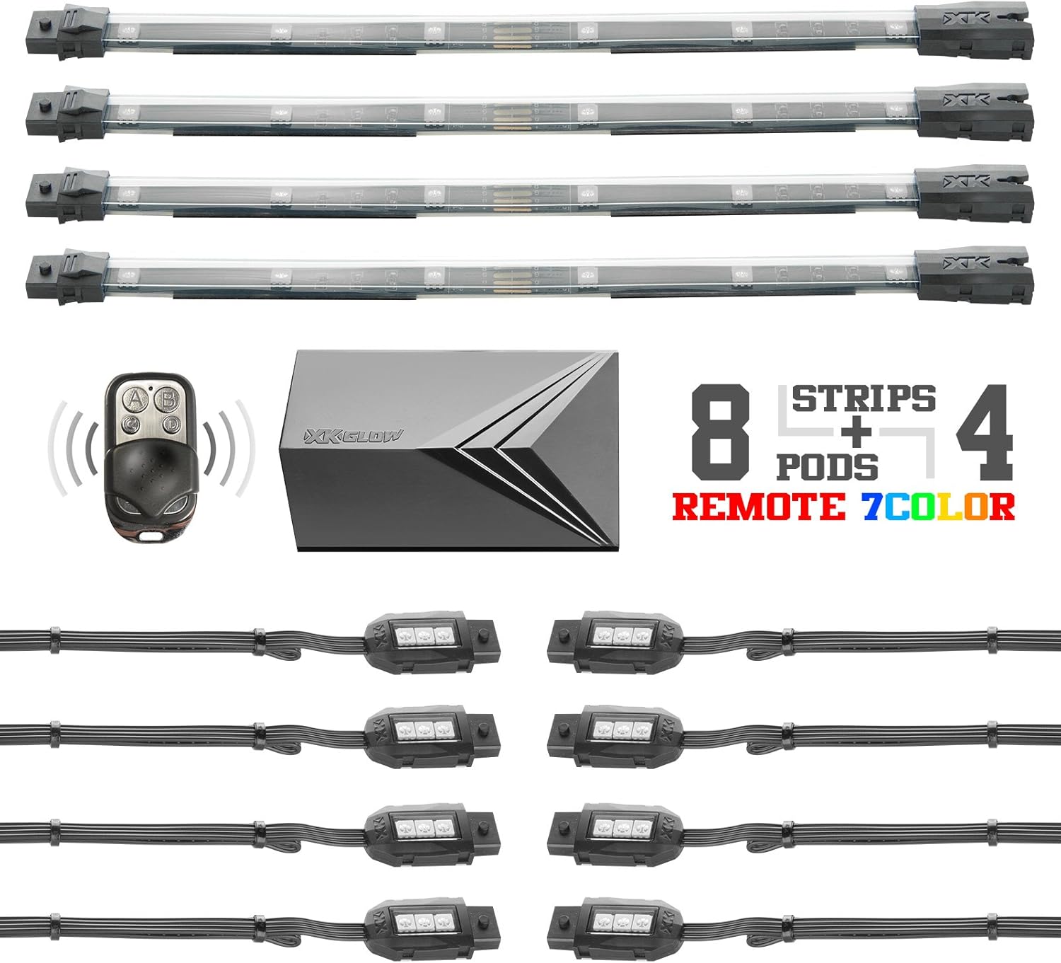 8 Compact Pods + 4 Flex Strips 7 Color Remote Control Motrocycle ATV Snowmobile LED Light Kit