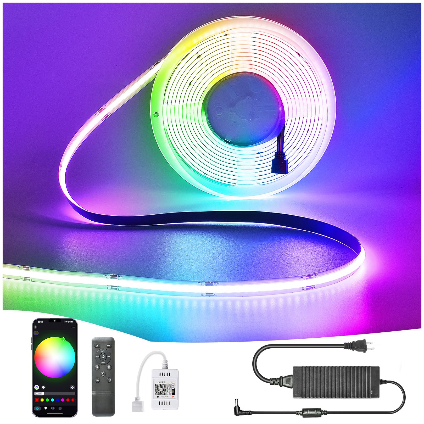 INDARUN 24V RGB COB Led Light Strip 32.8ft, 5760 LEDs 10mm Width, Smart Led Strip Light Color Changing, Music Sync, Flexible Tape Light for Bedroom Decor, TV Backlight, Christmas, Party