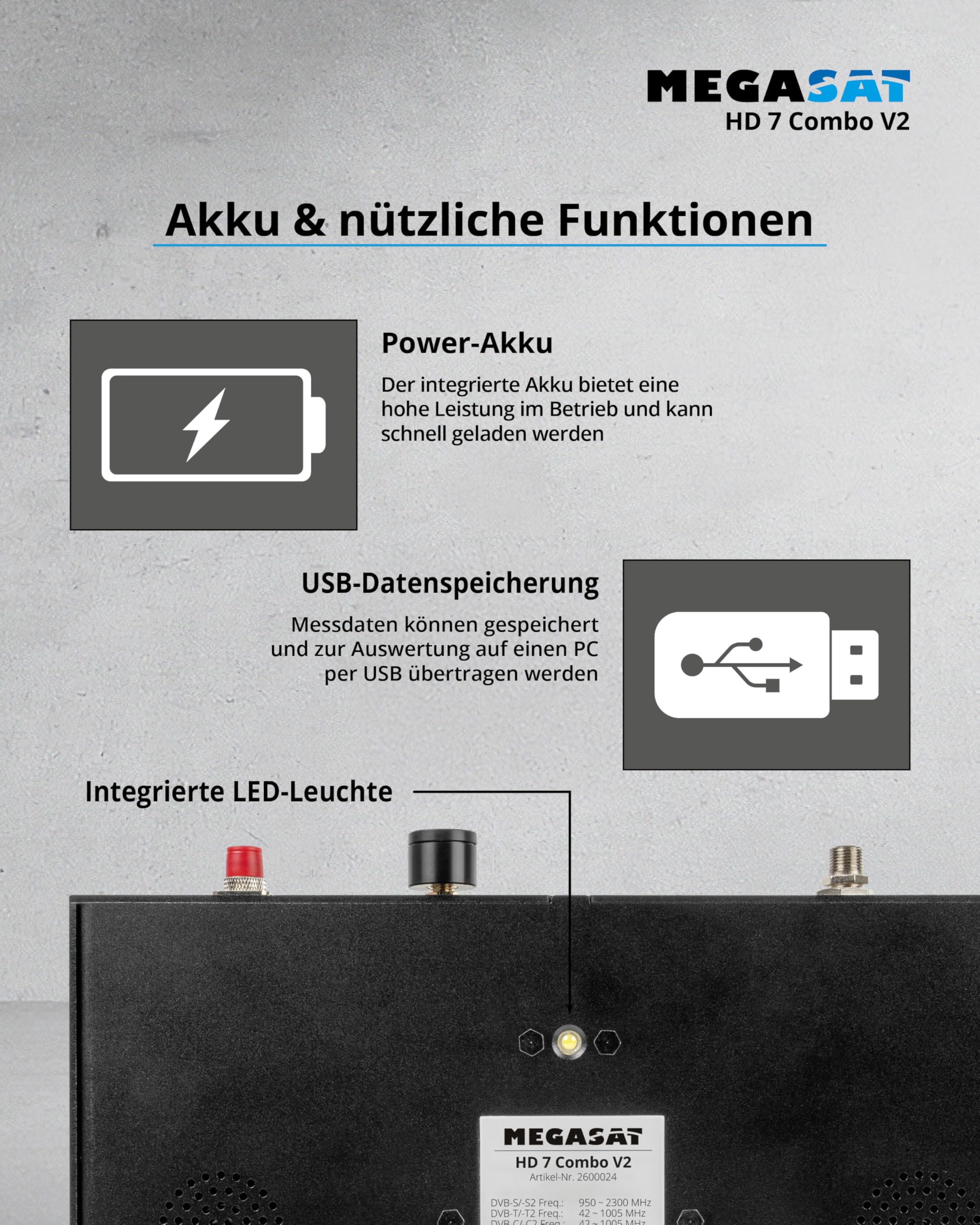 Megasat HD 7 Combo V2 – Combo-Messgerät mit Live-TV-Bild – Schwarz | Für DVB-S, DVB-S2, DVB-T, DVB-T2, DVB-C, DAB+, Unicable, 8,9″ Farbdisplay, Touchdisplay, Akku, Lampe