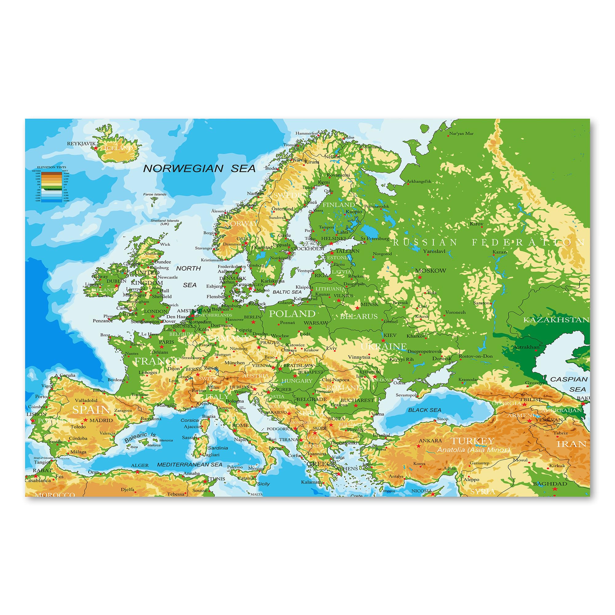 Postereck - 1031 - Mappa dell'Europa, paesi capitali inglese scritta - Decorazione Aula Scolastica, Materiale Didattico, Insegnamento, Lezione - Tela - 100,0 cm x 75,0 cm