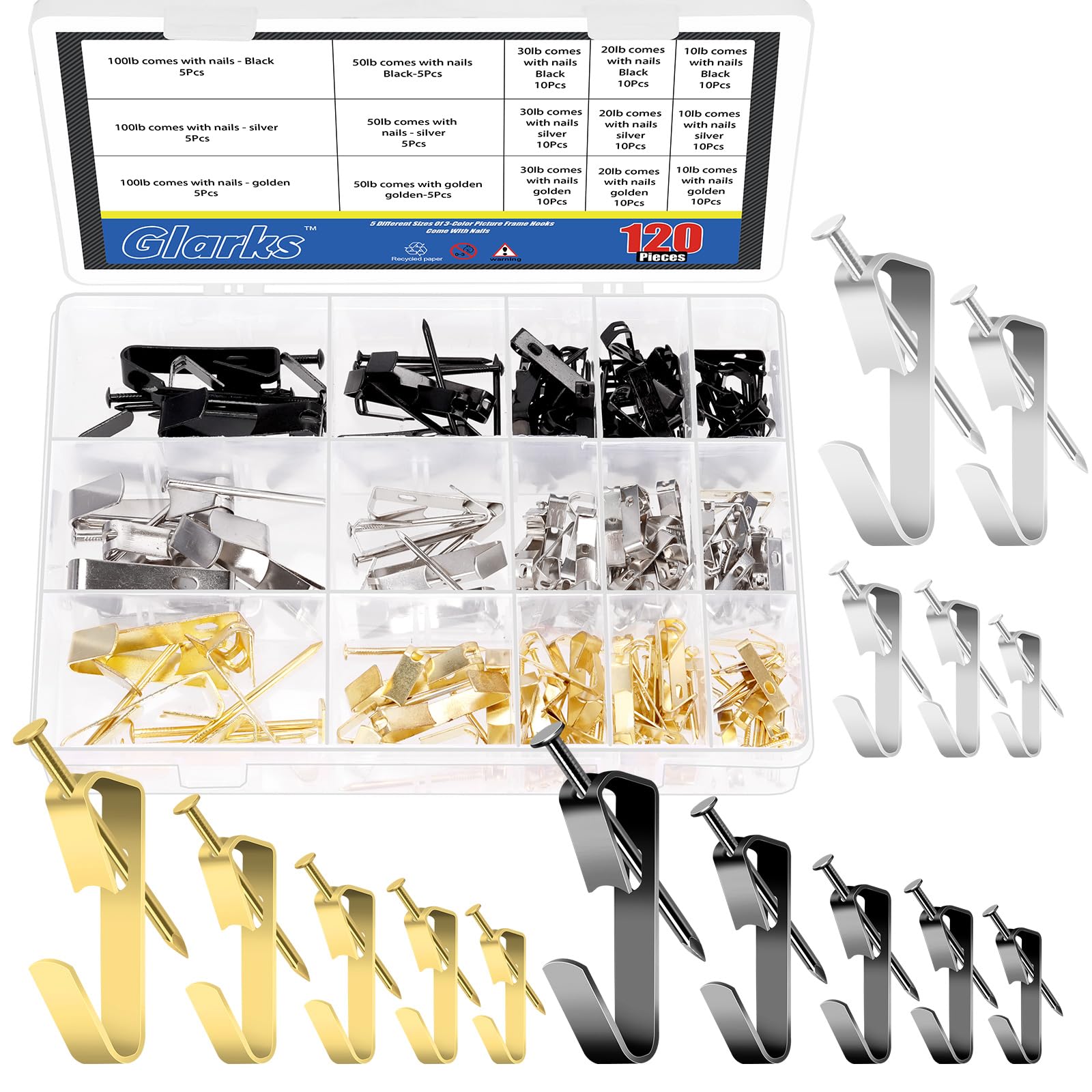 Glarks 120pcs 10lb/20lb/30lb/50lb/100lb Picture Hangers Hooks with Nails Kit