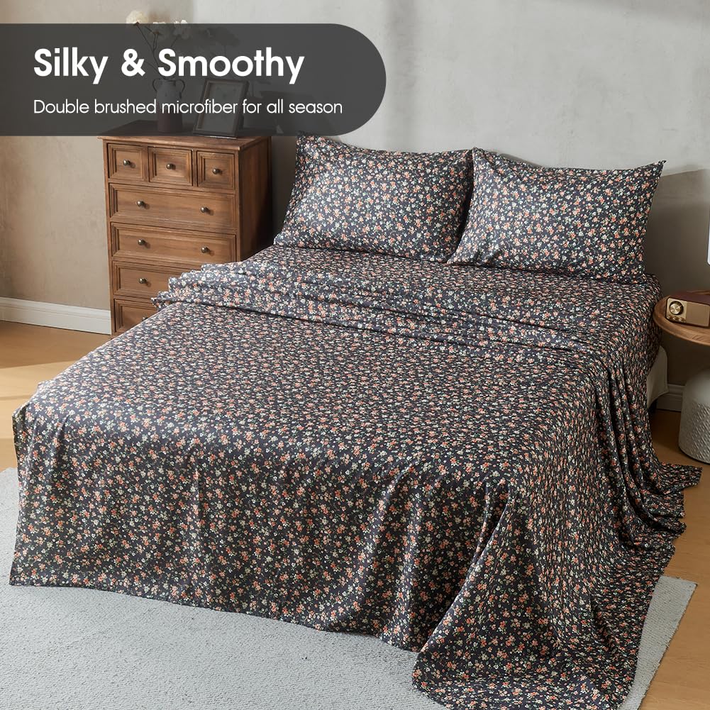 HYPREST Grey Black Sheets King,Deep Pocket Sheets, 1800 Thread Count Pattrn Bed Sheets Soft Breathable Cute Printed Boho Farmhouse Bed Sheets, Oeko-Tex Certificated- Up to 18 Inch