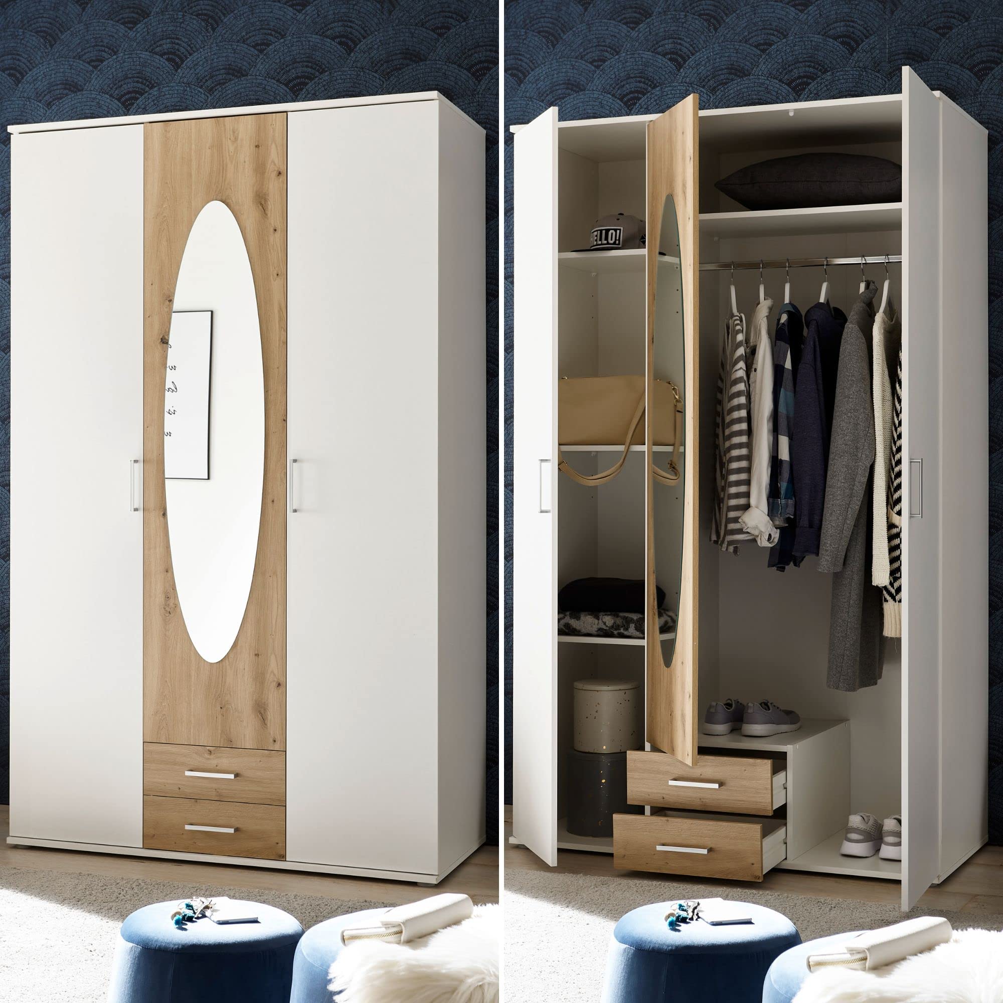 Stella Trading Kassel Espejo en Color, Aspecto Artesano, versátil Armario de 3 Puertas giratorias para tu Dormitorio, Madera de ingeniería, Blanco Artisan Roble, 120 x 195 x 55 cm