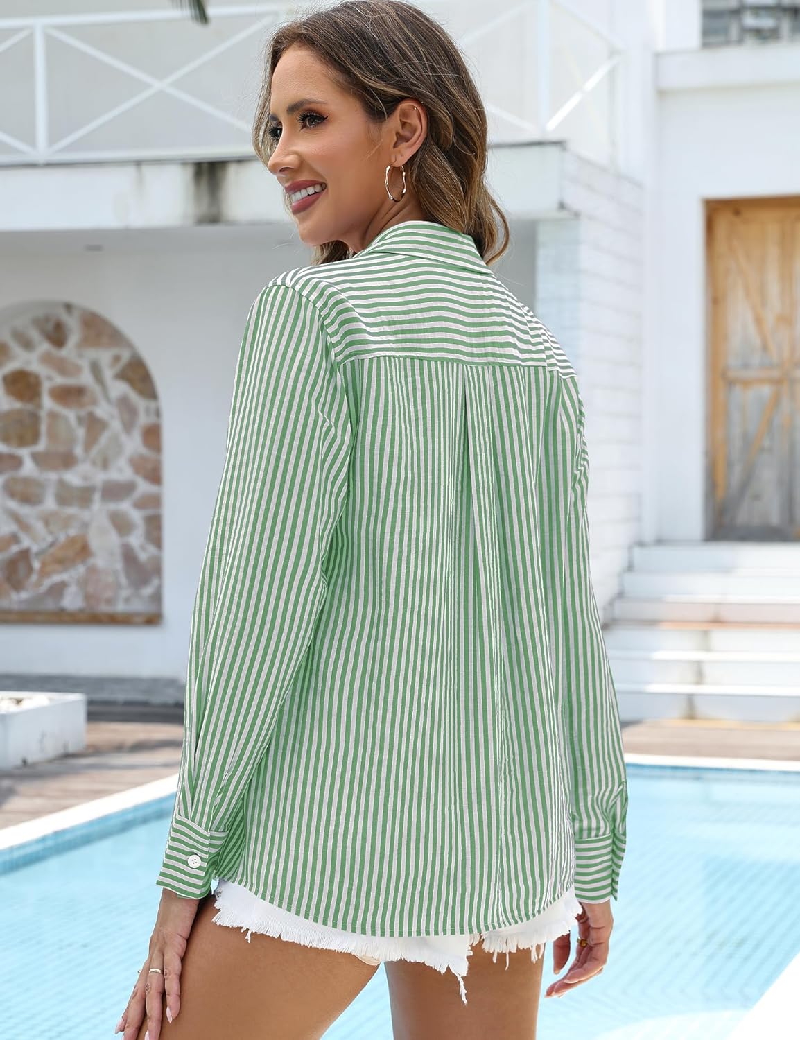 Kistore Womens Button Down Shirts Striped Linen Long Sleeve Blouses Business Casual Office Work Tops Loose Fit with Pockets - Image 5