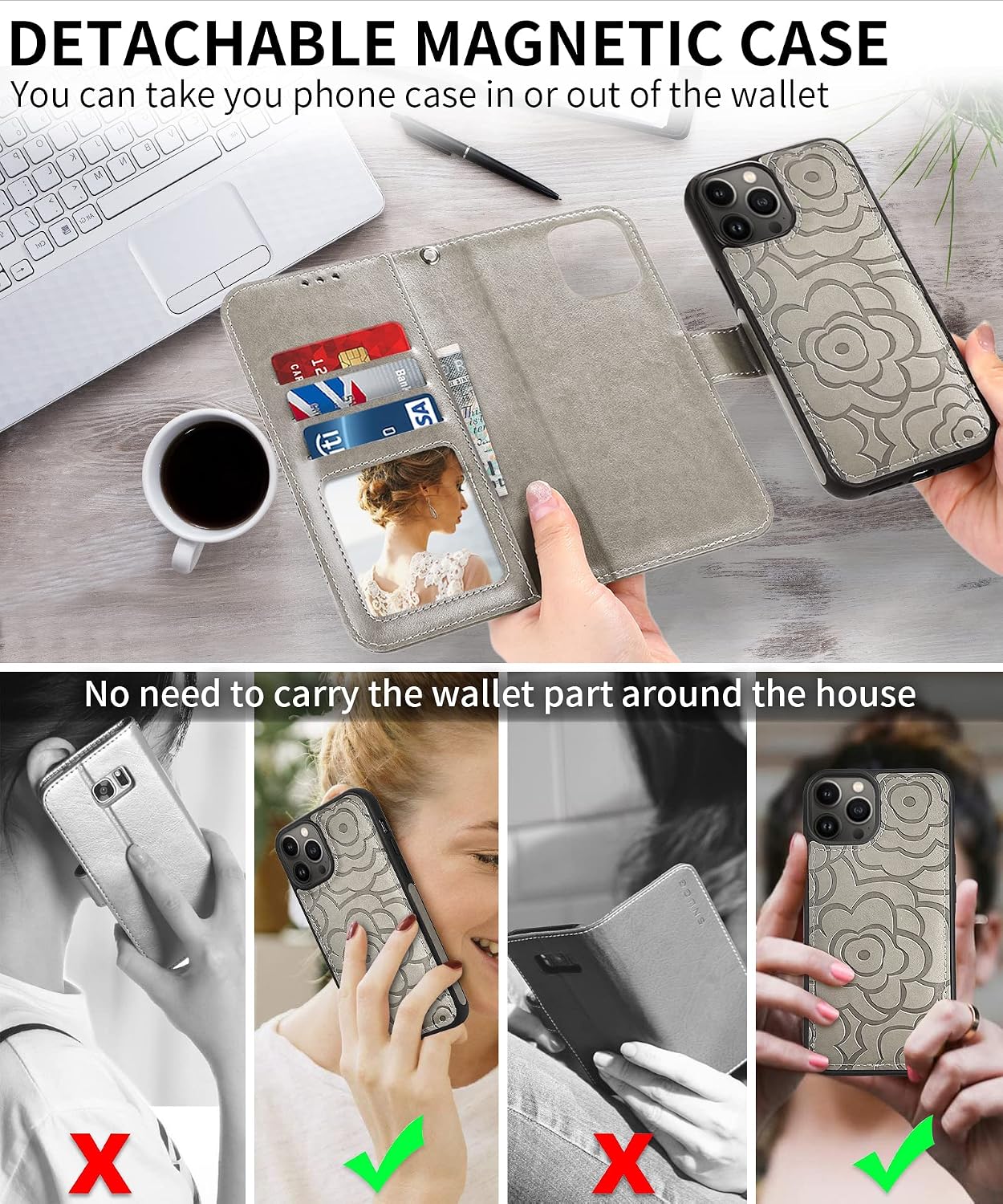 CASEOWL Magnetic Wallet for iPhone 13 Pro Max Case Wallet- Detachable Wallet Phone Case for iPhone 13 Pro Max - Folio Flip Leather Wallet Case with RFID Card Holder Strap for Women - Camellia Gray