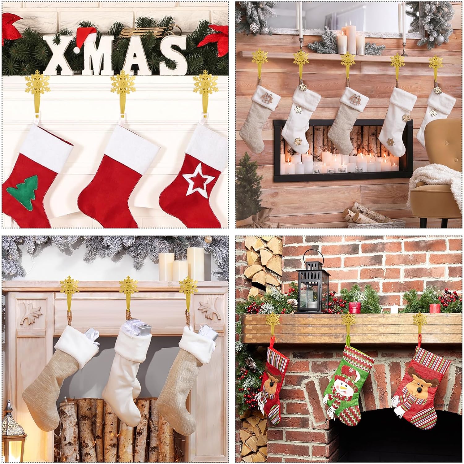 Peryiter 12 Pieces Snowflake Christmas Stocking Holders for Mantle Christmas Stocking Hooks Metal Sock Hangers Holder Stand Weighted for Fireplace(Gold)