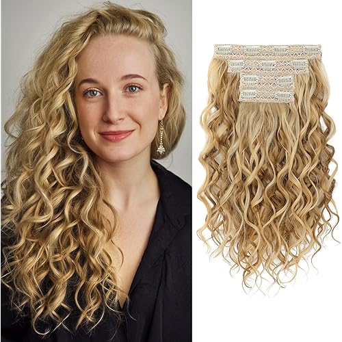 REECHO Curly Hair Extensions, 4PCS 16 inch Clip in Hair Extensions Lace Weft Short Curly Extension Clip Ins Invisible Natural Hairpieces for Women, Dark Blonde with Highlights