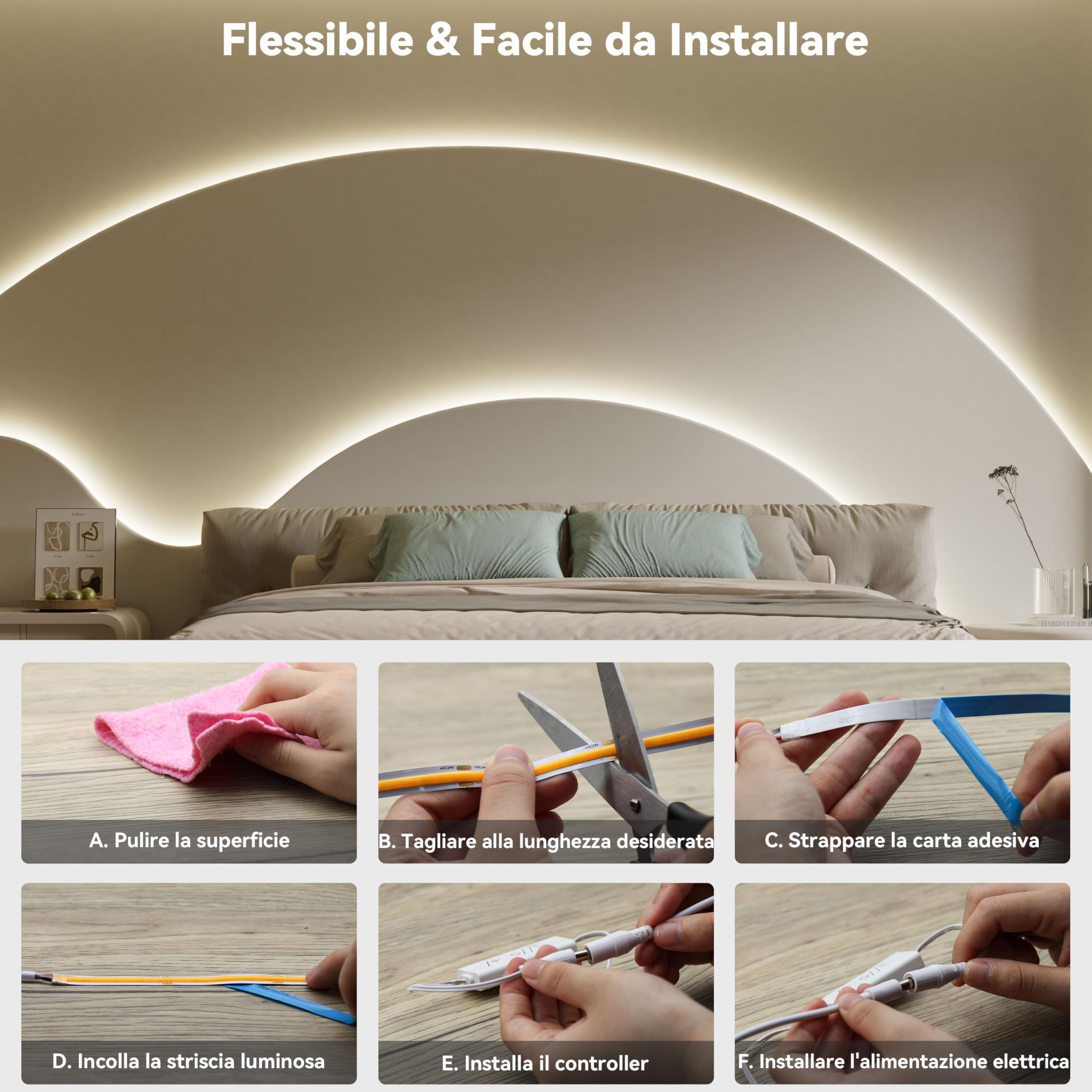 PAUTIX COB LED Strisce Bianco 4000K, 24V 5m 480LEDs/M Super Bright dimmerabili Luci a nastro LED sotto l'armadio con telecomando RF a 13 tasti per cucina Camera da letto Casa fai da te