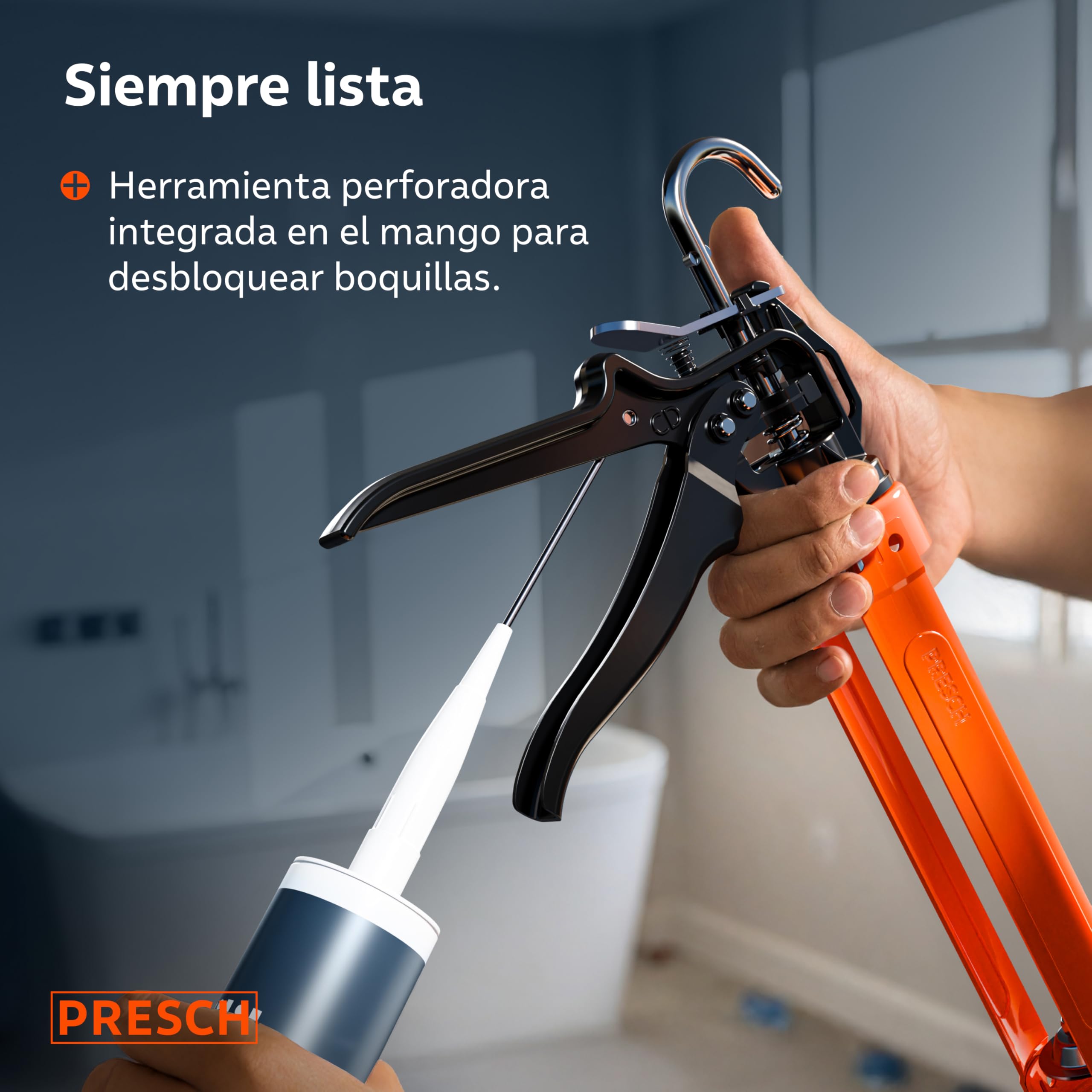 Presch Juego Pistola Silicona 26:1 & 12:1 con antigoteo – Para cartuchos hasta 310 ml (acrílico, silicona, adhesivo alta adhesión) – Cartuchera pistola giratorio 360° incl. aguja de perforación