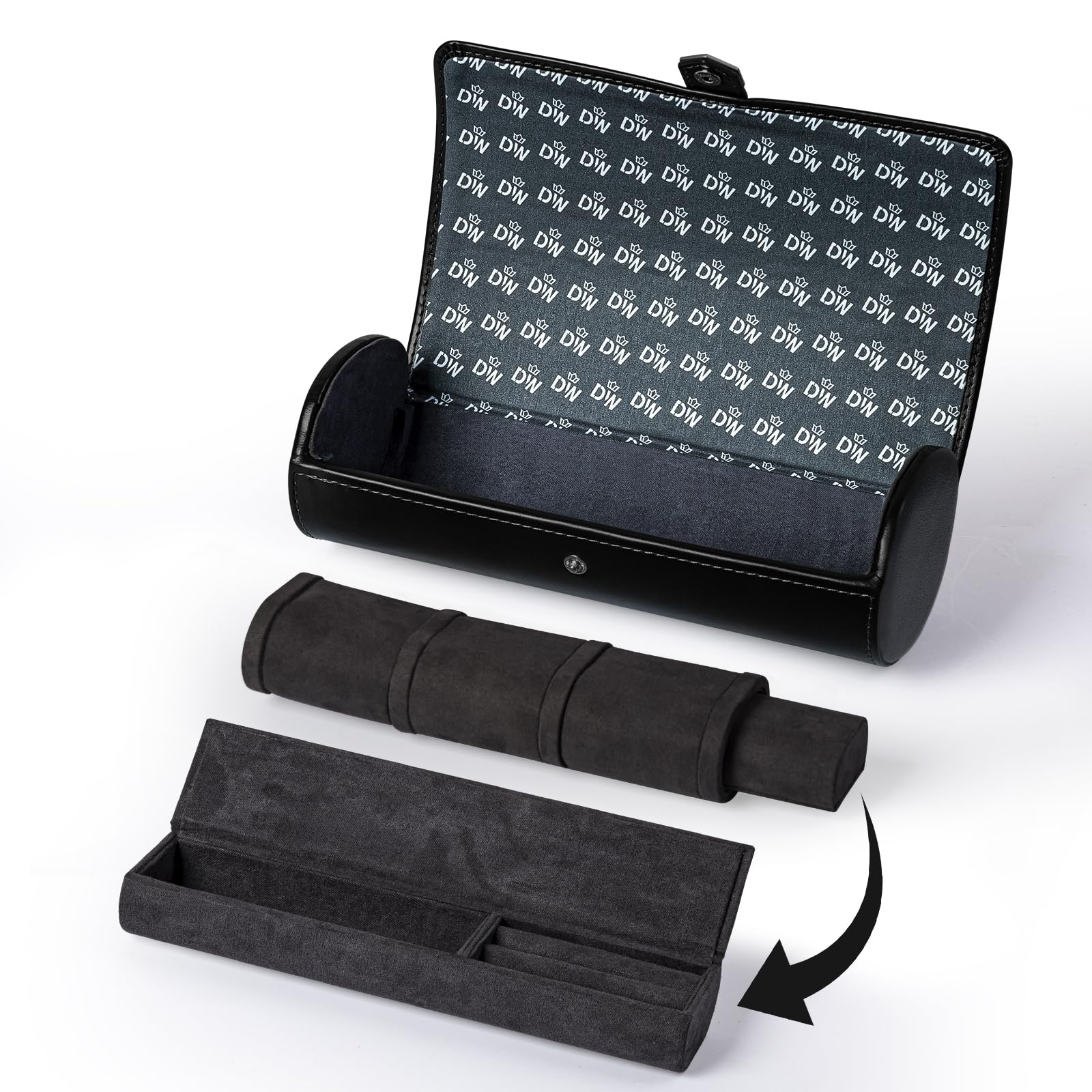 DUKWIN Custodia da viaggio per orologi da viaggio, con 3 scomparti, in pelle vegana, per uomini e donne, protettiva, portatile, da riporre in viaggio (nero, 3 scomparti)
