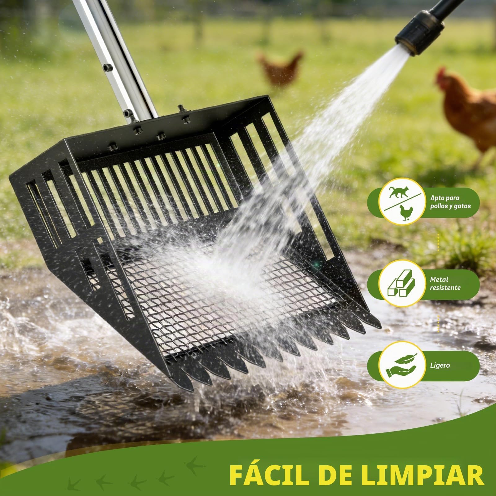 Recogedor de Excrementos de Pollo de 25 cm de Ancho, Recogedor para Gallinero 4 en 1, Recogedor Eesmontable para Cribar Excrementos, con Mango de 60-160 cm de Largo para Gallinero, Establo