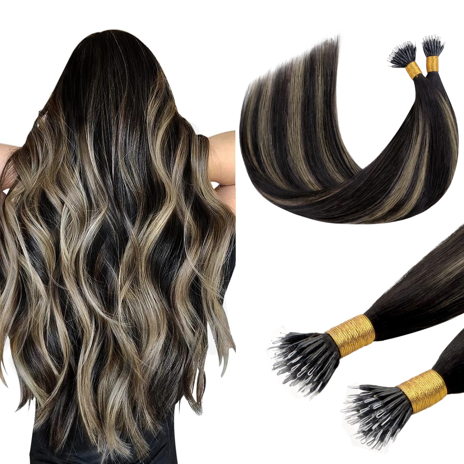 DOORES Nano Beads Hair Extensions, Balayage Natural Black to Light Blonde 16 Inch 50g 100s