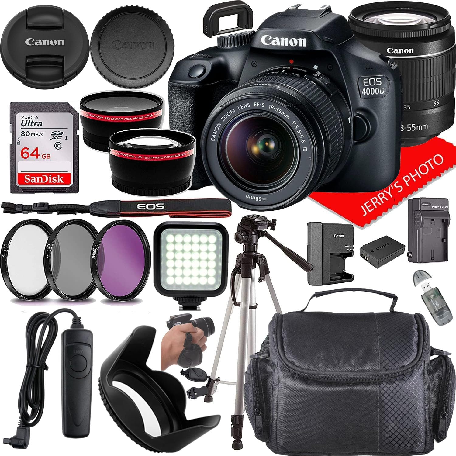 Canon EOS 4000D (Rebel T100) DSLR Camera w/Canon EF-S 18-55mm F/3.5-5.6 DC III Zoom Lens + Case + 64GB Memory (20pc Bundle) (Renewed)