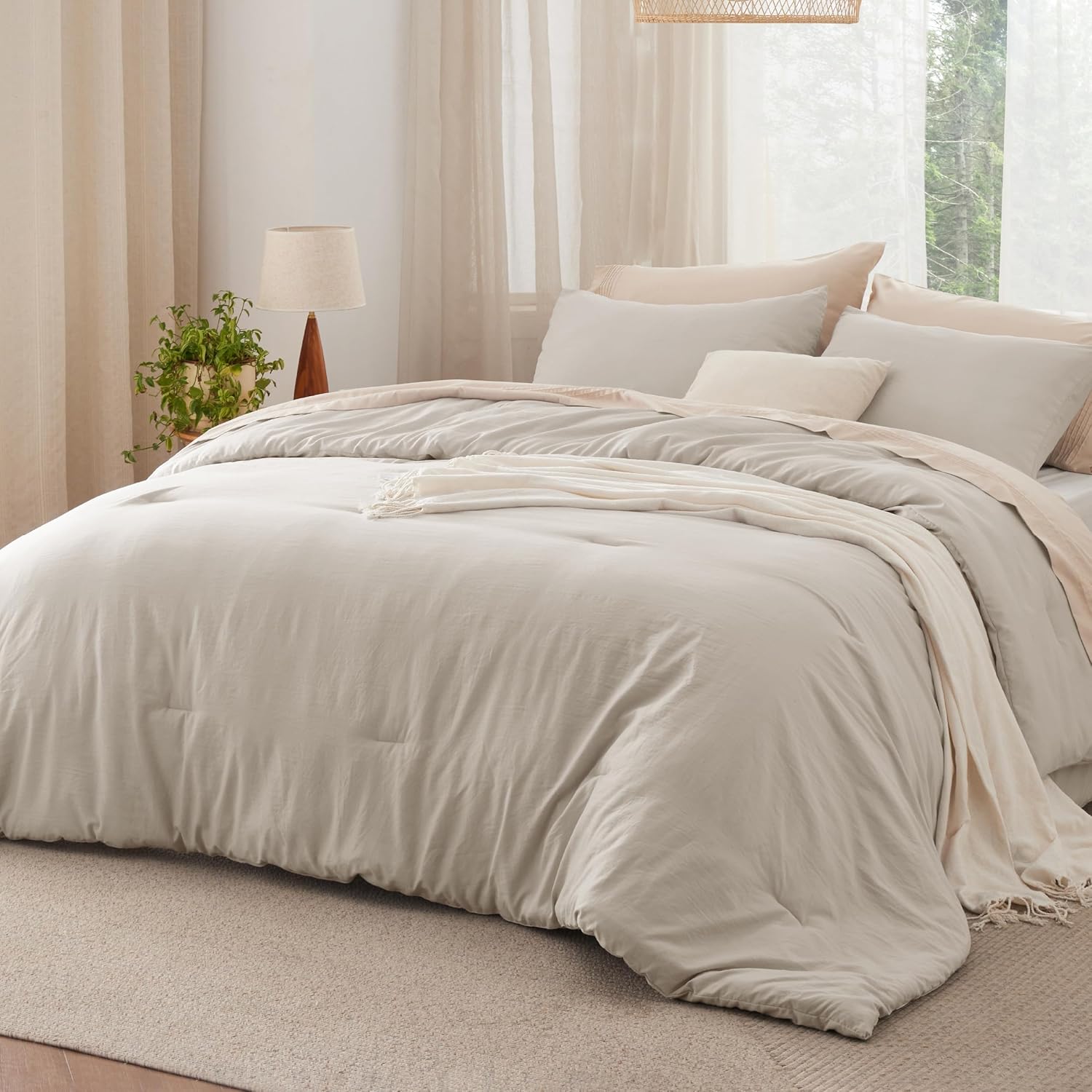 Bedsure Queen Size Comforter Set, Oatmeal Soft Prewashed Bed Comforter