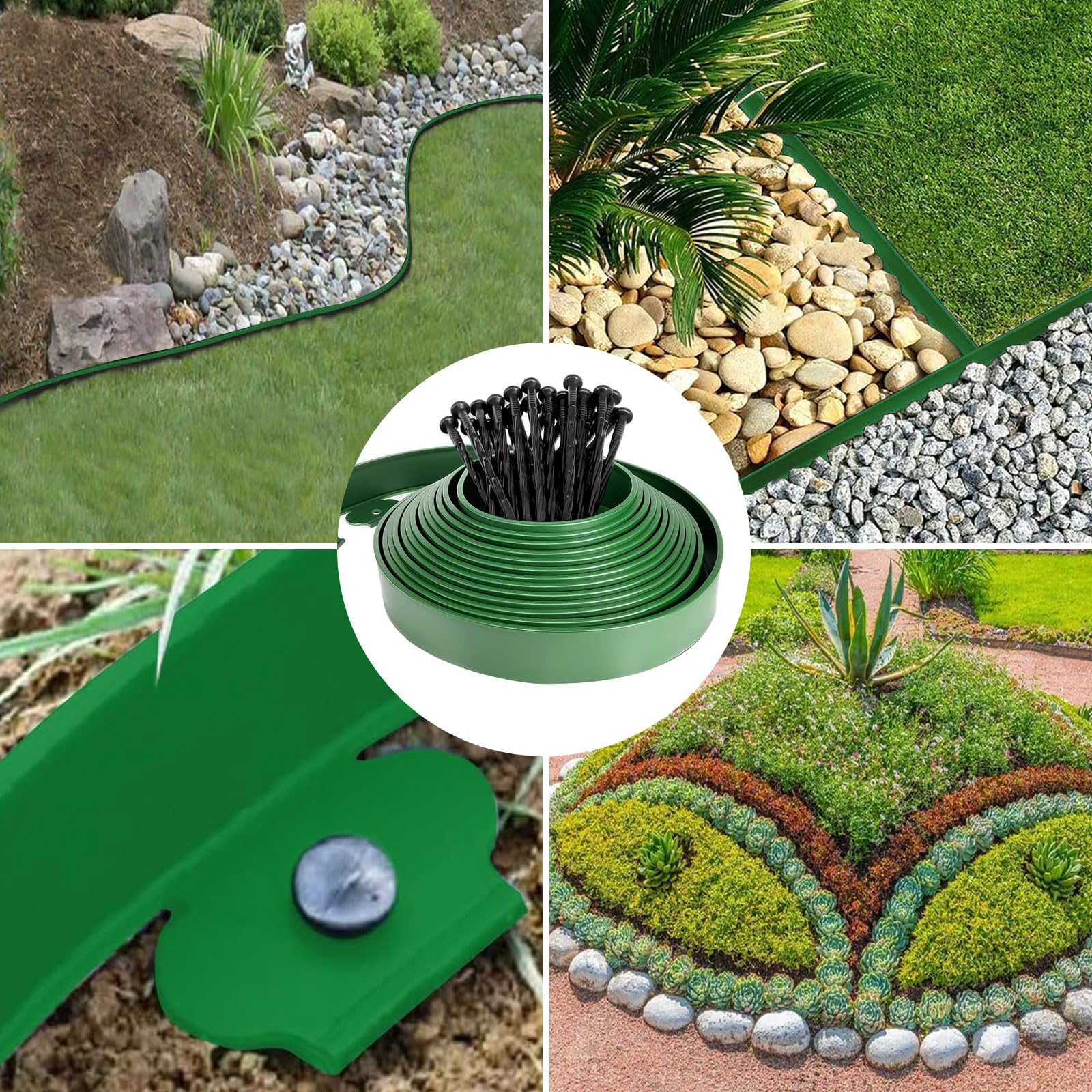 Bordo flessibile per prato in plastica, 15 m (L) x 5 cm (A) bordure per prato bordatura per aiuole, con 70 ancoraggi per terra + 1 paio di guanti (Verde)
