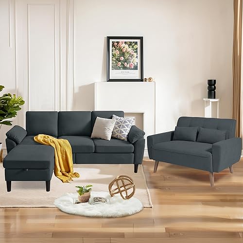 Miniatura 37 de Juego de sofá modular de 2 piezas para sala de estar, sofá convertible moderno de lino en forma de L de 79 pulgadas con otomana móvil y silla Gris