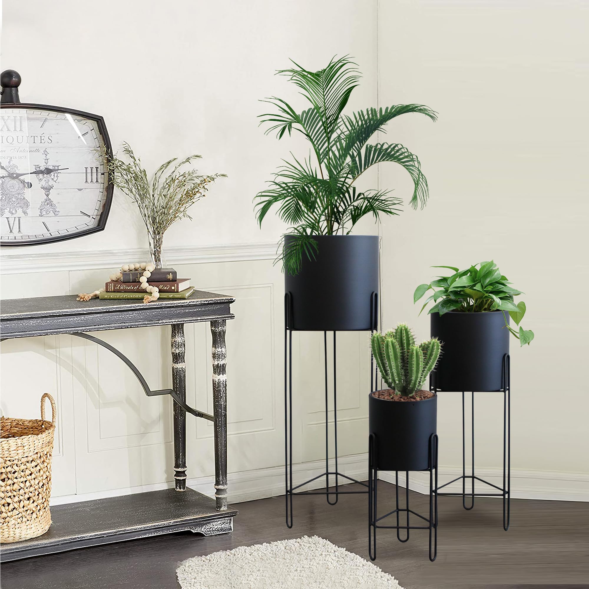 TRIROCKS Lot de 3 pots de fleurs avec support pour plantes d'intérieur de 73,7 cm, 45,7 cm et 30,5 cm pour salon, coin, cuisine, bureau, jardin, balcon, terrasse (noir)