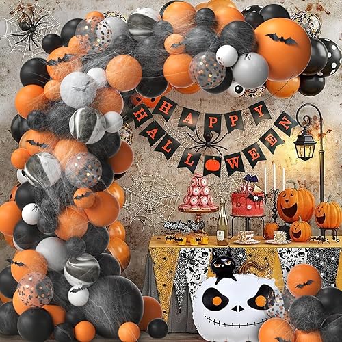 Miniatura 4 de Kit de arco de globos de Halloween de diferentes tamaños de 18125 pulgadas, globos negros y naranjas con globos de calabaza y gato, calcomanías de