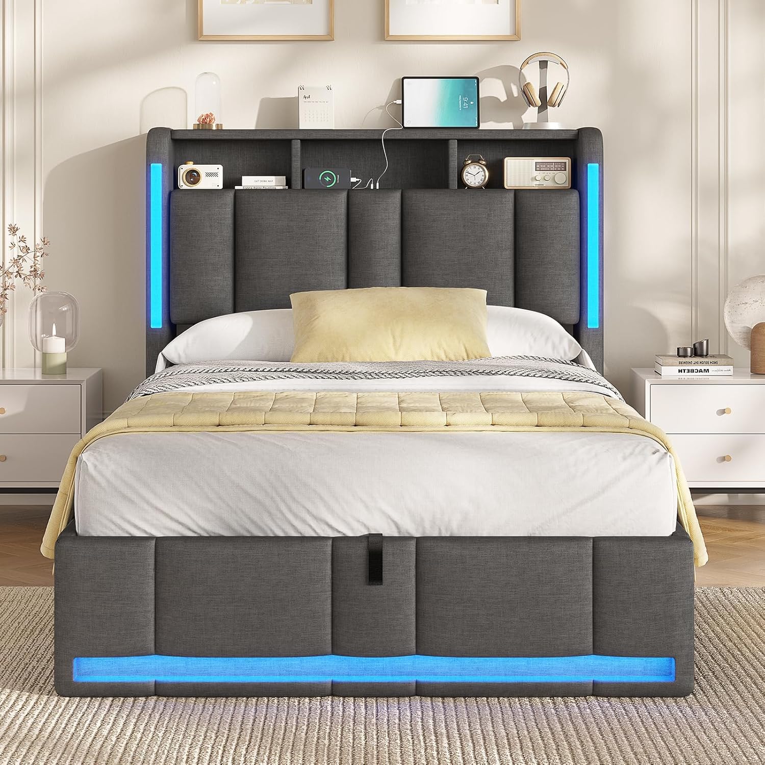 AOGLLATI Cama Individual 90x200 cm, Cama Canape con Almacenamiento Hidráulico y iluminación LED, Somier con Estación de Carga y Cabecero Tapizado, Moderno, Gris Oscuro, Sin Colchón
