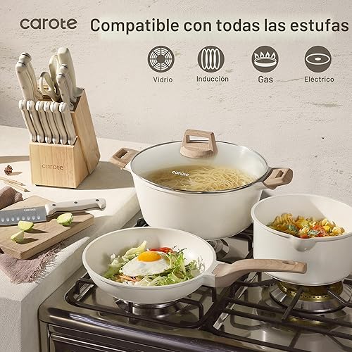 Miniatura 6 de CAROTE ICE Juego de 35 piezas de ollas y sartenes, juegos de utensilios de cocina antiadherentes, juego de utensilios de cocina de granito blanco de