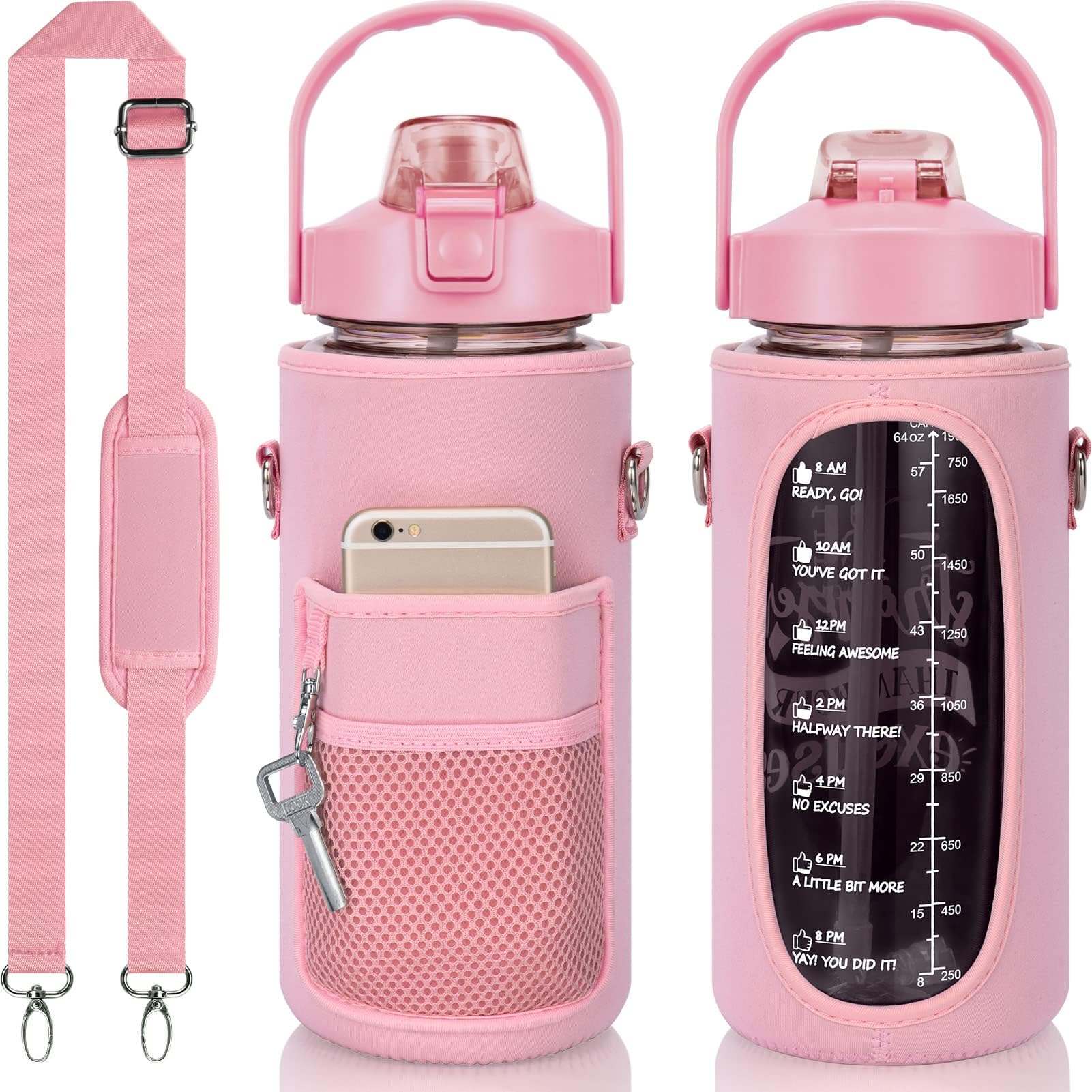 Half Gallon Water Bottle with Sleeve 64 OZ Motivational Water Bottle with Straw & Time Marker to Drink Sport Water Jug - Leakproof Tritan BPA Free Reusable Insulated Neoprene Men Women for Gym Workout